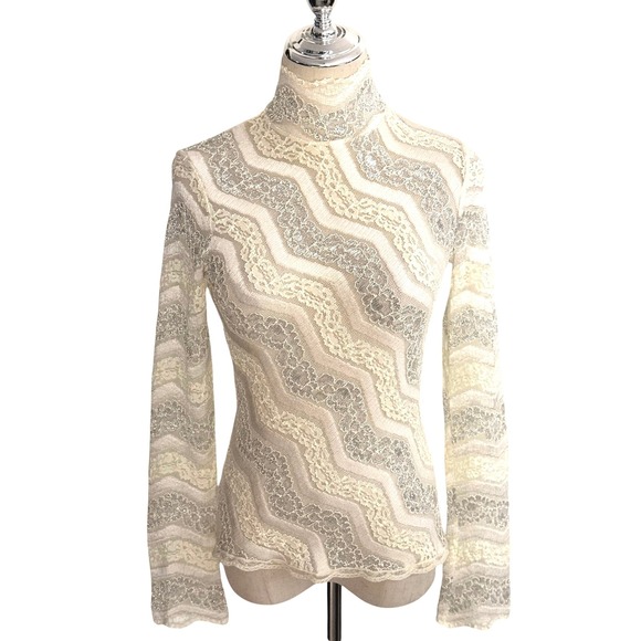 Cache Tops - VTG Y2K Cache Cream Lace Top Metallic Silver Thread Lace Mock Neck Size Small